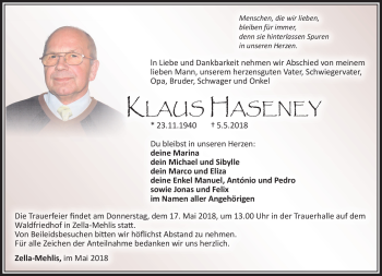 Traueranzeige von Klaus Haseney von Südthüringer Presse