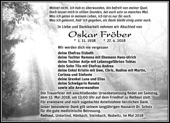 Traueranzeige von Oskar Fröber von Südthüringer Presse
