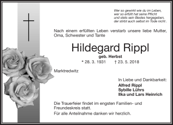 Traueranzeige von Hildegard Rippl von Frankenpost