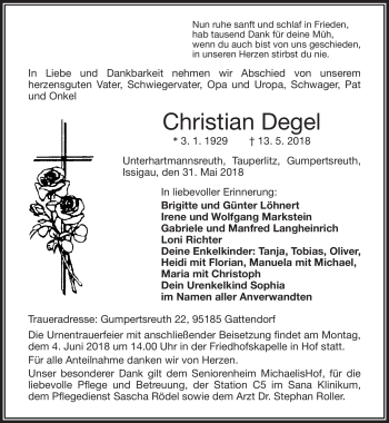 Traueranzeige von Christian Degel von Frankenpost