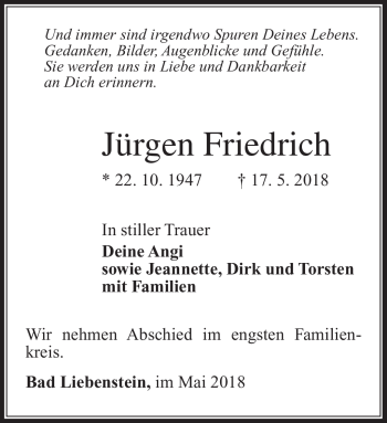Traueranzeige von Jürgen Friedrich von Südthüringer Presse