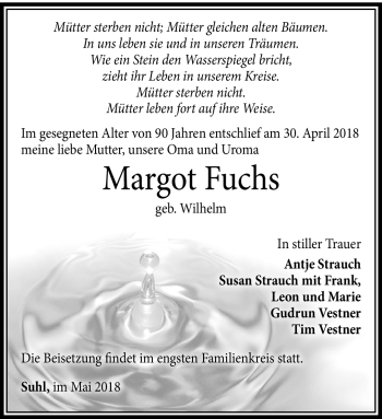 Traueranzeige von Margot Fuchs von Südthüringer Presse