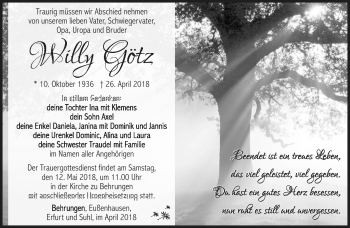 Traueranzeige von Willy Götz von Südthüringer Presse
