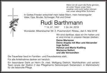 Traueranzeige von Rudi Barthmann von Frankenpost