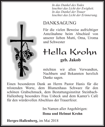 Traueranzeige von Hella Krohn von Südthüringer Presse