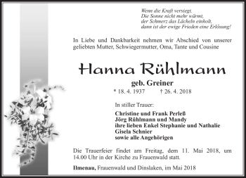 Traueranzeige von Hanna Rühlmann von Südthüringer Presse