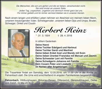 Traueranzeige von Herbert Heinz von Südthüringer Presse
