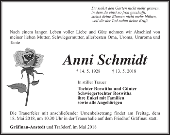 Traueranzeige von Anni Schmidt von Südthüringer Presse