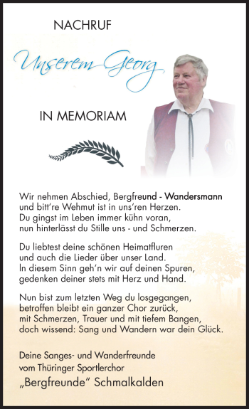 Traueranzeige von Georg Wagner von Südthüringer Presse