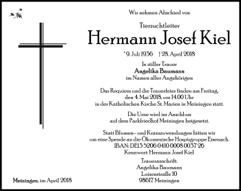 Traueranzeige von Hermann Josef Kiel von Südthüringer Presse