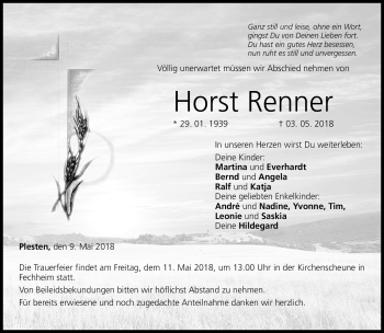 Traueranzeige von Horst Renner von Neue Presse Coburg