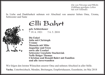 Traueranzeige von Elli Bahrt von Südthüringer Presse
