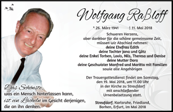 Traueranzeige von Wolfgang Raßloff von Südthüringer Presse