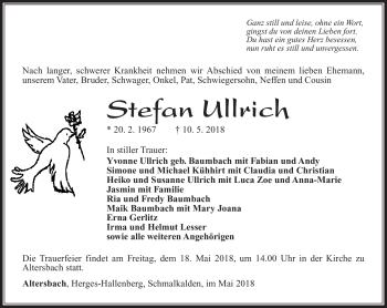 Traueranzeige von Stefan Ullrich von Südthüringer Presse