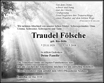 Traueranzeige von Traudel Fölsche von Südthüringer Presse