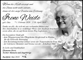 Traueranzeige von Irene Weide von Südthüringer Presse