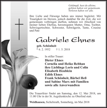 Traueranzeige von Gabriele Ehnes von Südthüringer Presse