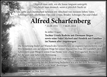 Traueranzeige von Alfred Scharfenberg von Südthüringer Presse