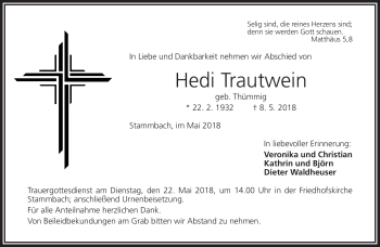 Traueranzeige von Hedi Trautwein von Frankenpost