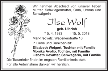 Traueranzeige von Ilse Wolf von Frankenpost
