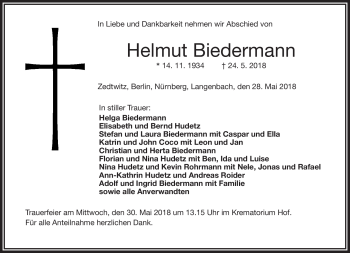 Traueranzeige von Helmut Biedermann von Frankenpost