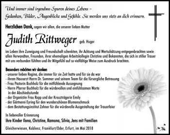 Traueranzeige von Judith Rittweger von Südthüringer Presse