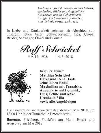 Traueranzeige von Rolf Schrickel von Südthüringer Presse