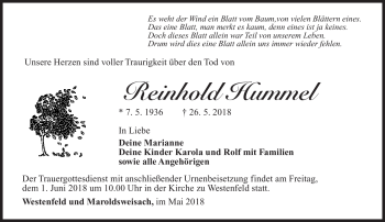 Traueranzeige von Reinhold Hummel von Südthüringer Presse