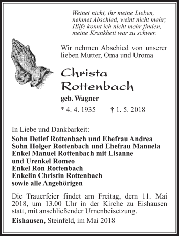 Traueranzeige von Christa Rottenbach von Südthüringer Presse