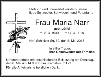 Traueranzeige von Maria Narr von Frankenpost