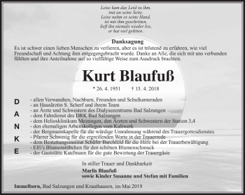 Traueranzeige von Kurt Blaufuß von Südthüringer Presse