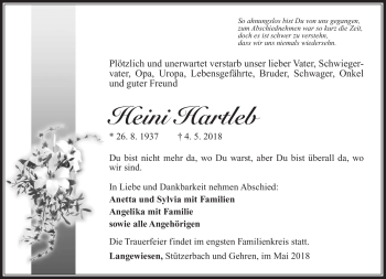 Traueranzeige von Heini Hartleb von Südthüringer Presse