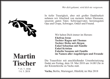 Traueranzeige von Martin Tischer von Südthüringer Presse