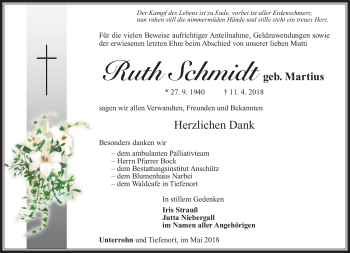 Traueranzeige von Ruth Schmidt von Südthüringer Presse