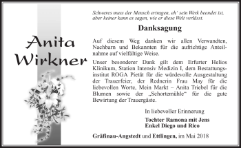 Traueranzeige von Anita Wirkner von Südthüringer Presse