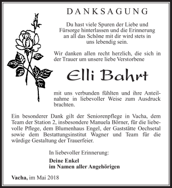 Traueranzeige von Elli Bahrt von Südthüringer Presse