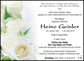 Traueranzeige von Heinz Geisler von Südthüringer Presse