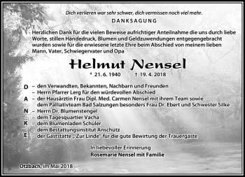 Traueranzeige von Helmut Nensel von Südthüringer Presse
