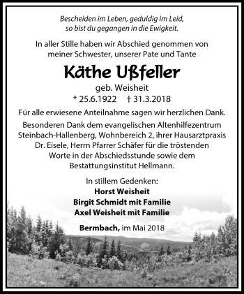 Traueranzeige von Käthe Ußfeller von Südthüringer Presse