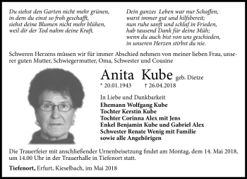 Traueranzeige von Anita Kube von Südthüringer Presse