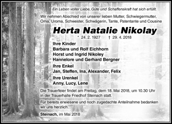 Traueranzeige von Herta Natalie Nikolay von Südthüringer Presse