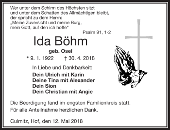 Traueranzeige von Ida Böhm von Frankenpost