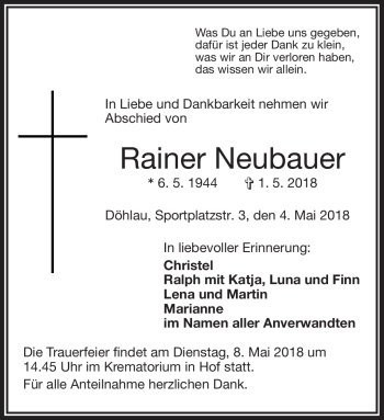 Traueranzeige von Rainer Neubauer von Frankenpost