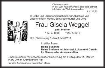 Traueranzeige von Gisela Weggel von Frankenpost