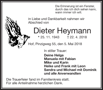 Traueranzeige von Dieter Heymann von Frankenpost
