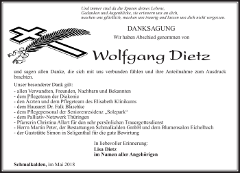 Traueranzeige von Wolfgang Dietz von Südthüringer Presse