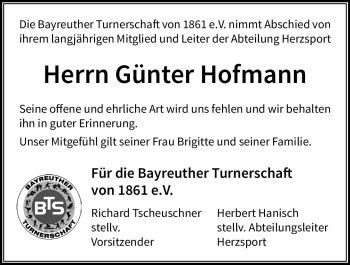 Traueranzeige von Günter Hofmann von Nordbayrischer Kurier