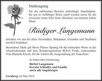 Traueranzeige von Rüdiger Langemann von Südthüringer Presse