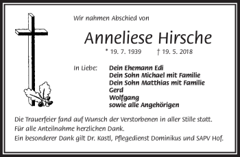 Traueranzeige von Annieliese Hirsche von Frankenpost