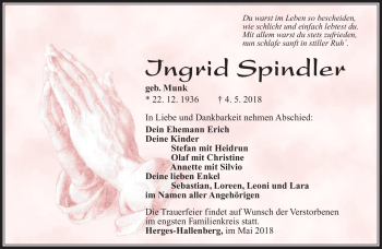 Traueranzeige von Ingrid Spindler von Südthüringer Presse